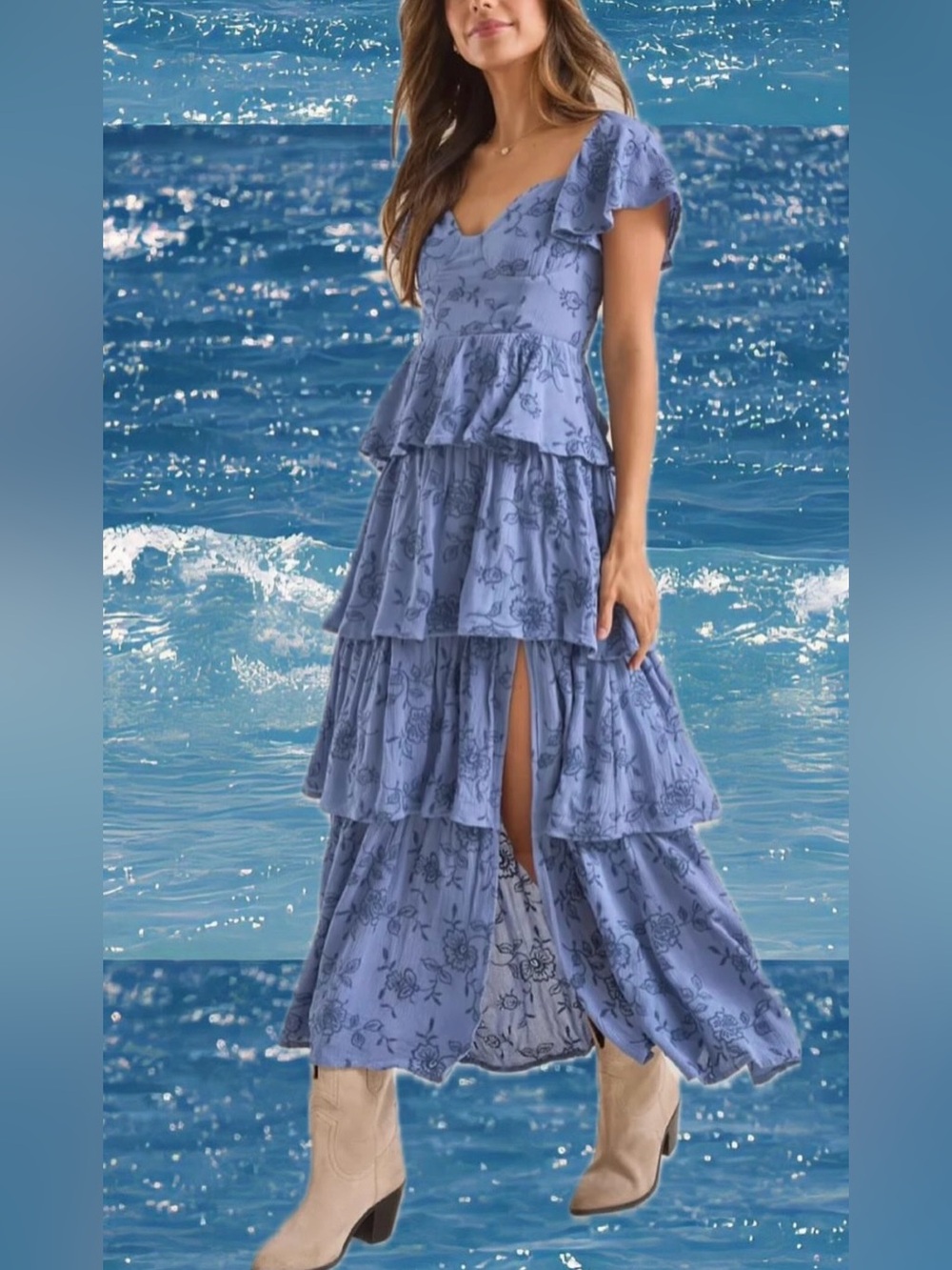 Altar'd State Blue Lavender Tiered Ruffle Maxi Dress